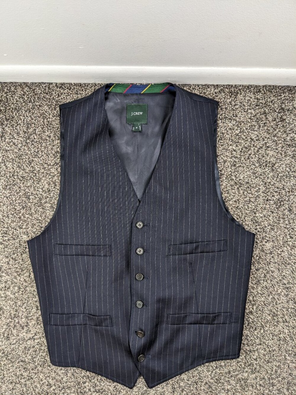 Vintage 2007 J Crew Vest Waistcoat 100% Wool Chalk Striped Black Mens Medium Y2K
